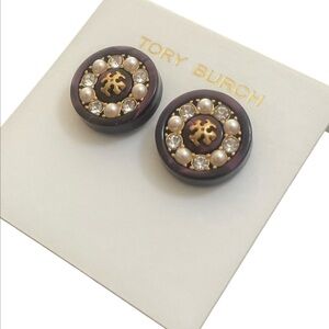 Tory Burch Gold and Brown Pearl Stud Earrings